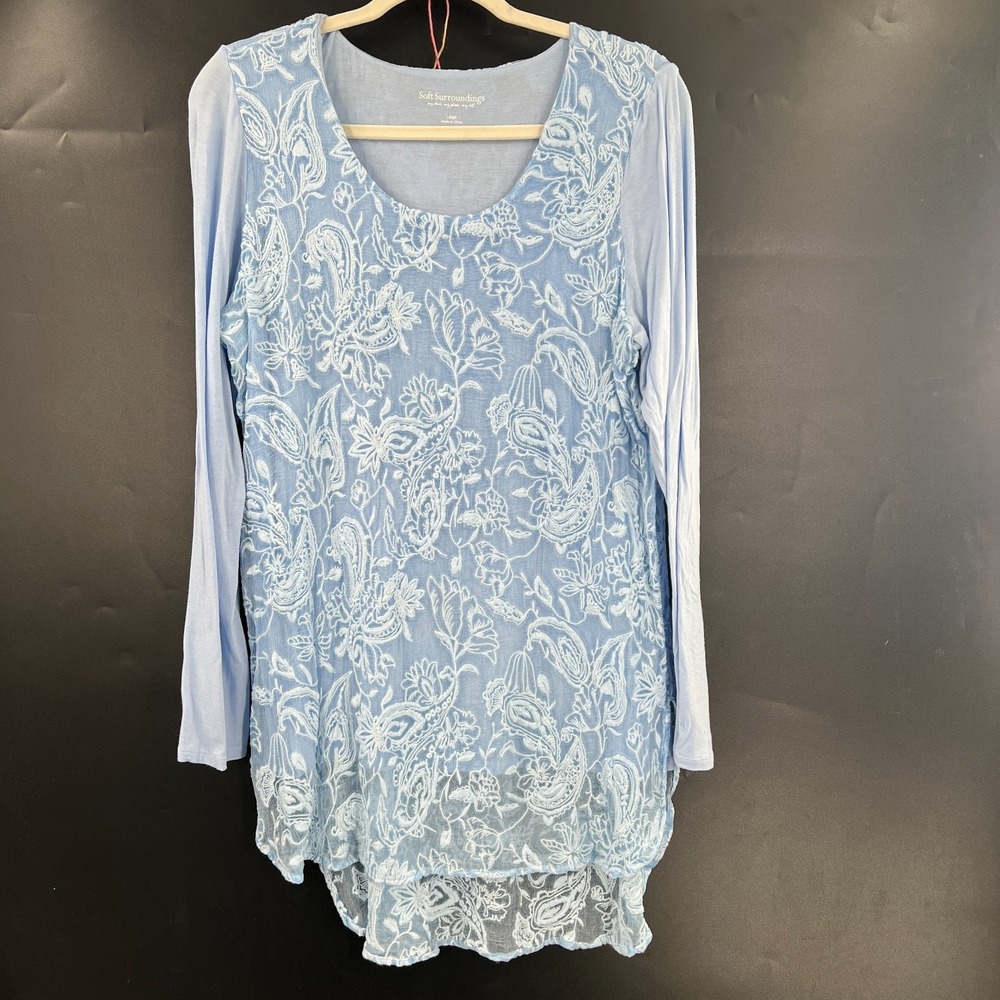 Soft Surroundings Fleurveil Chiffon Knit Long sleeve tunic top embroidery boho L